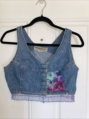 UNIONBAY Blue Denim Cropped Tank with Purple Tie-Dye Patch and Beaded Fringe